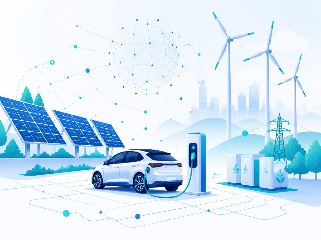 Climate technology: solar panels, electric vehicle charging, wind turbines and AI-powered energy grid