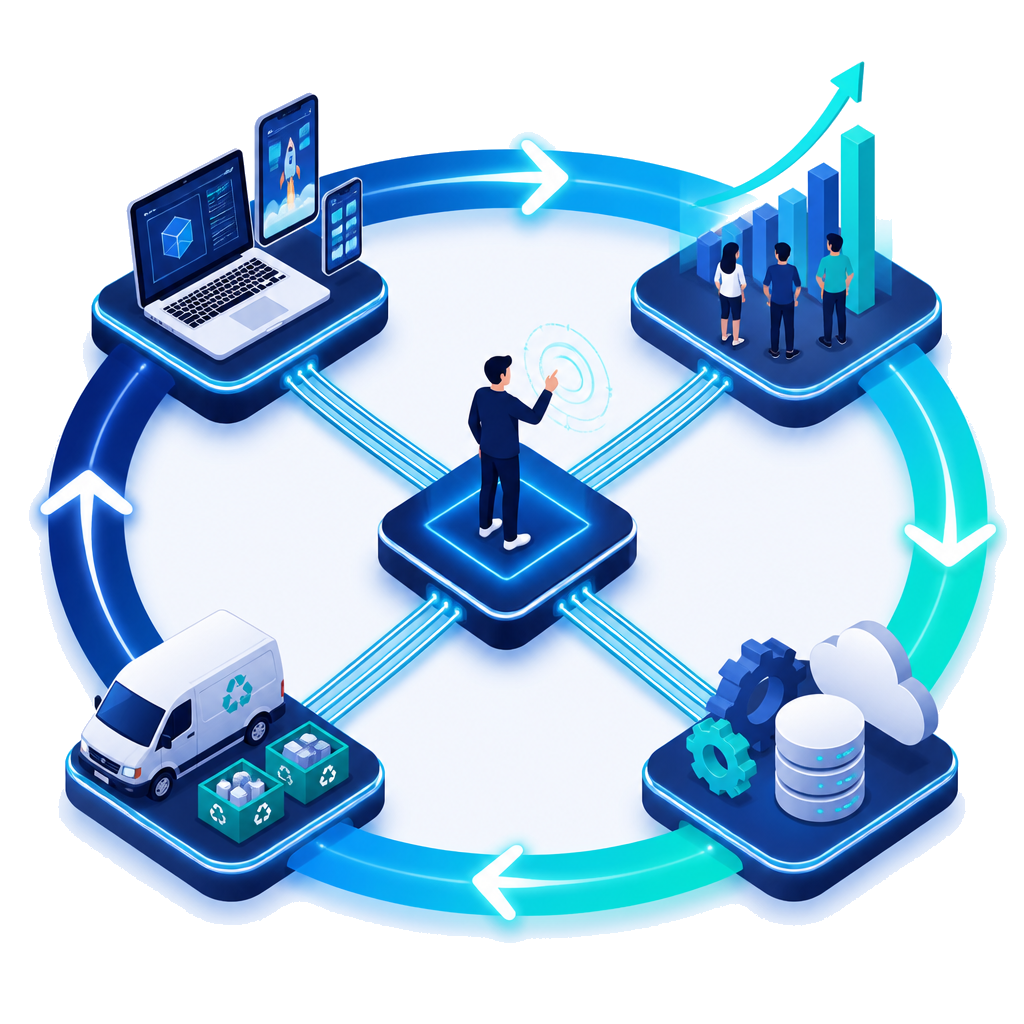 Isometric illustration of one operator at the centre of a continuous loop connecting the build, growth, operations and logistics of a circular program