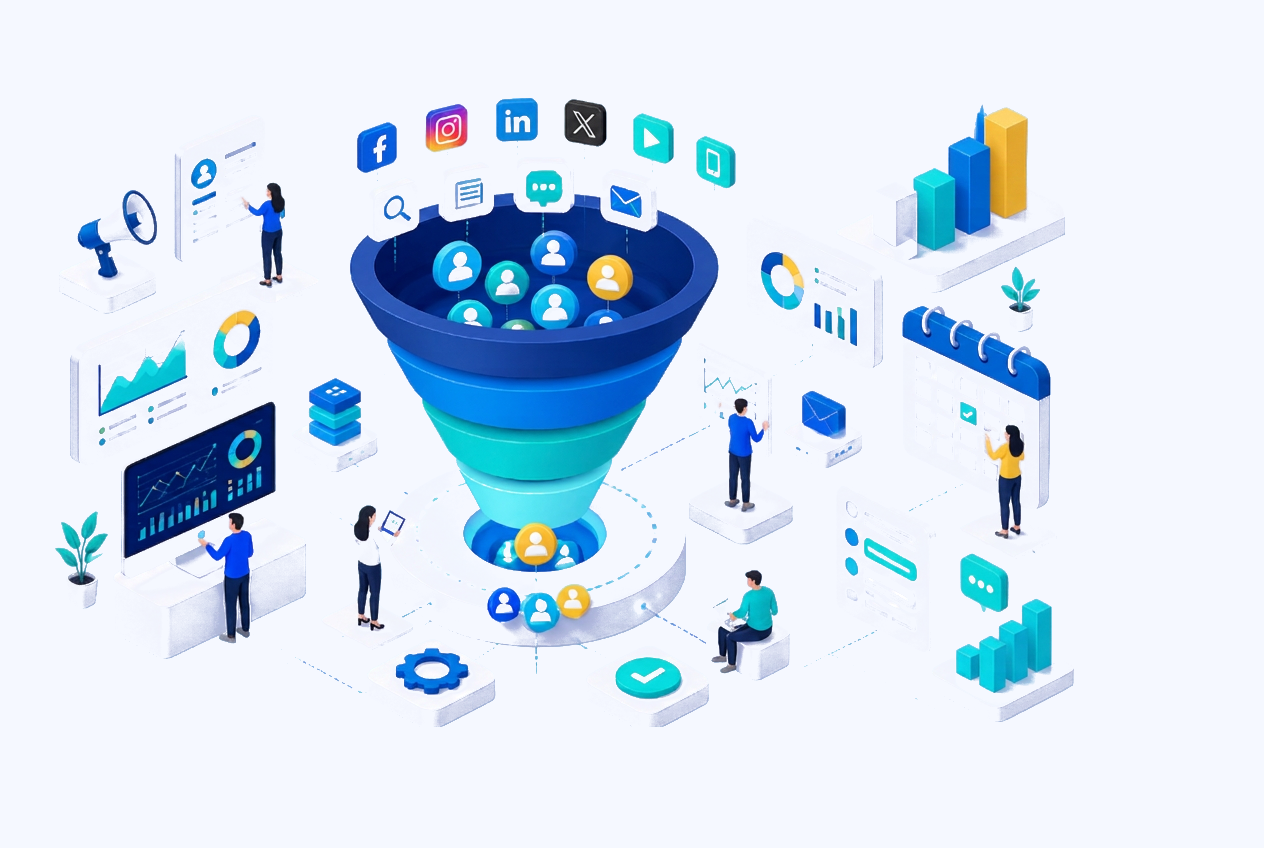 Illustration of a customer acquisition funnel with analytics dashboards and growth charts