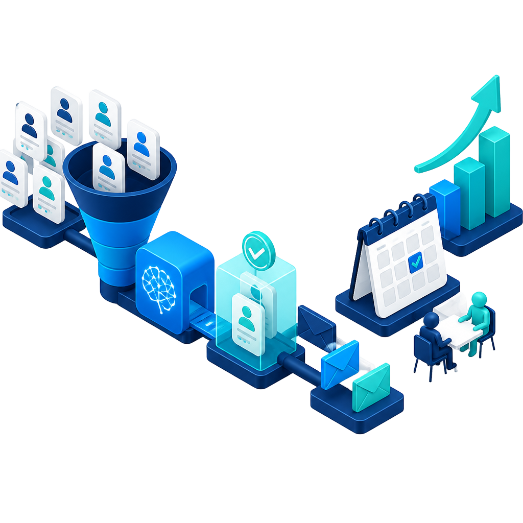 Isometric illustration of an AI pipeline qualifying buyers and booking meetings