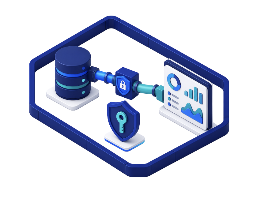 Isometric illustration of a secured database connected to an analytics dashboard