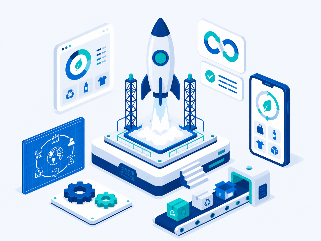 Isometric illustration of a launch pad with a rocket lifting off beside app screens, blueprint plates and a conveyor of recycled goods