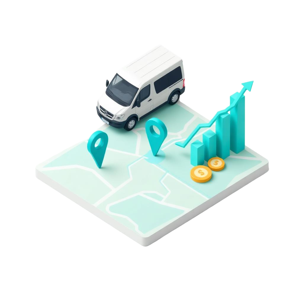Illustration of an optimized delivery route with rising margin chart