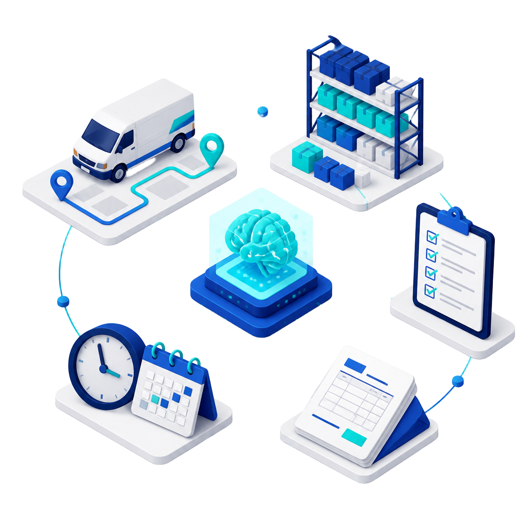 Isometric illustration of logistics, inventory, scheduling and billing running on autopilot
