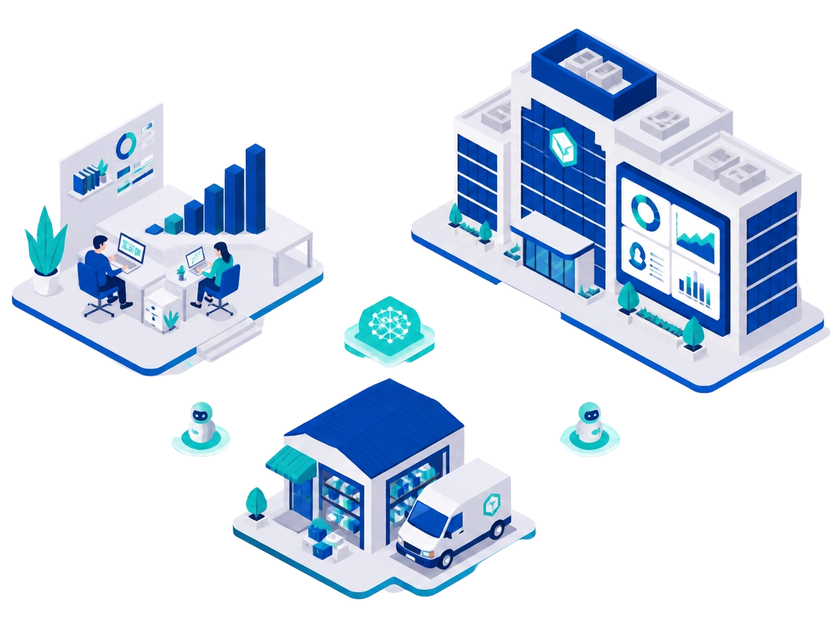 Isometric illustration of a startup workspace, a small business storefront and an enterprise headquarters connected by AI agents