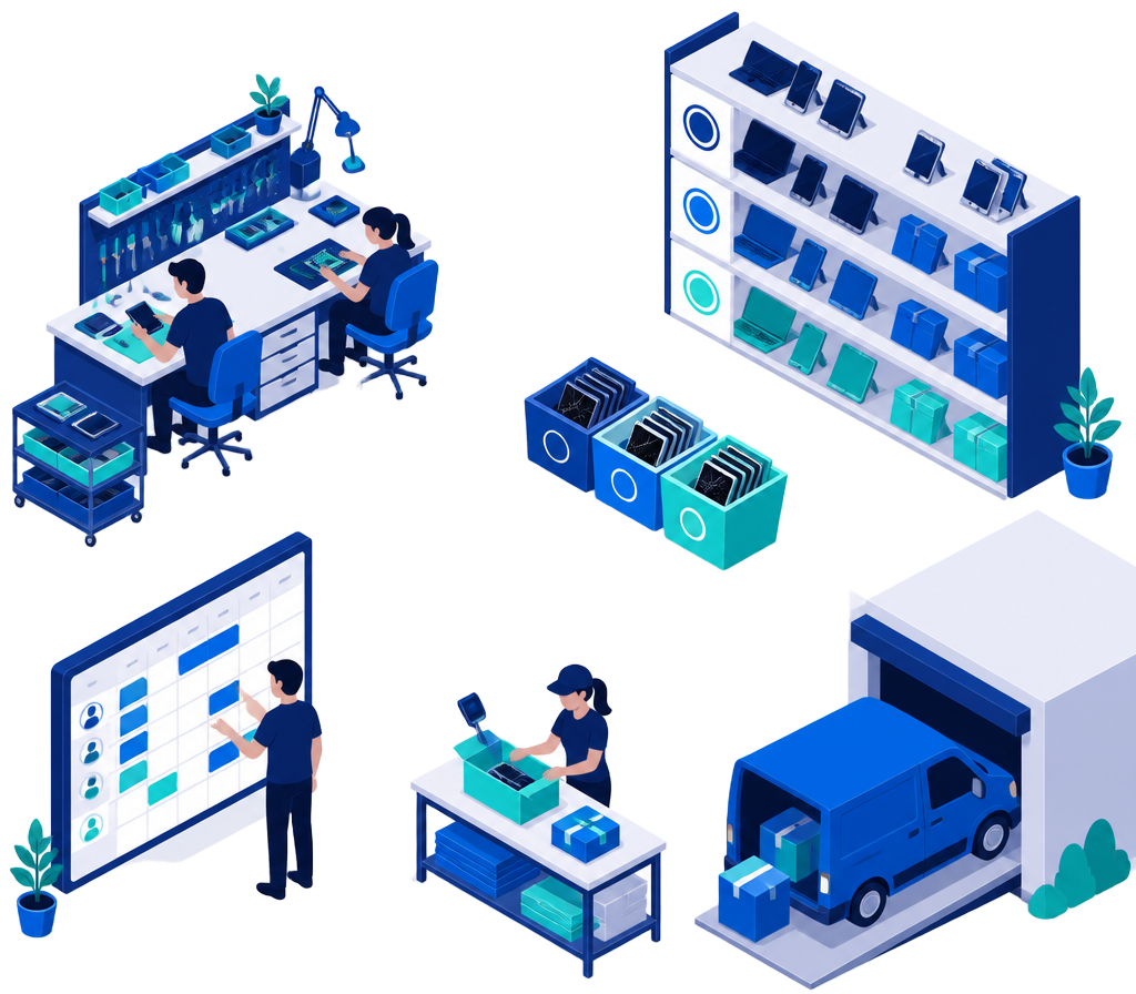 Isometric illustration of a repair and resale workshop with sorting bins, graded stock shelves, a scheduling board and a delivery van